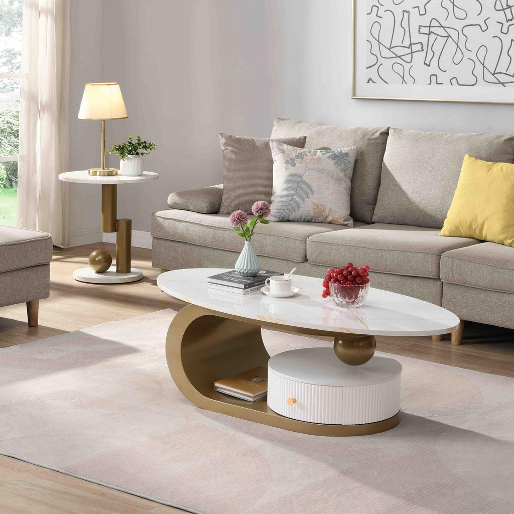 2 Piece Nesting Coffee Set, Oval Coffee with Storage Drawer, Small Round End Side, White Faux Marble Tabletop with