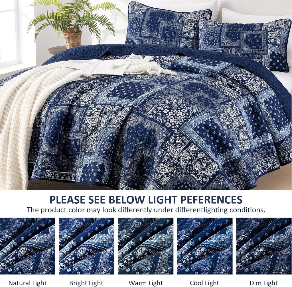 Blue Patchwork Quilt Set Queen,Boho Navy Blue Quilt Set,Paisley Farmhouse Bedspread Soft Microfiber Bedding Set for
