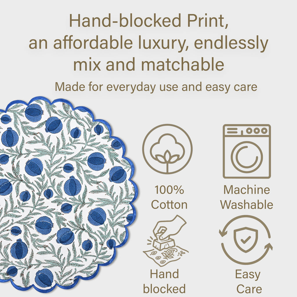 Floral Block Print Round Placemats 15 Inch, Set of 4, Queen Blue