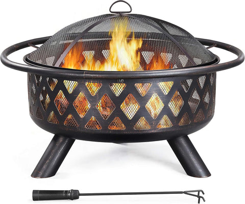 Fire Pit 36in Outdoor Wood Burning Fire Pits Wood Large Fire Bowl for Outside BBQ Bonfire Patio with Mesh Spark Screen, Poker and Rain Cover