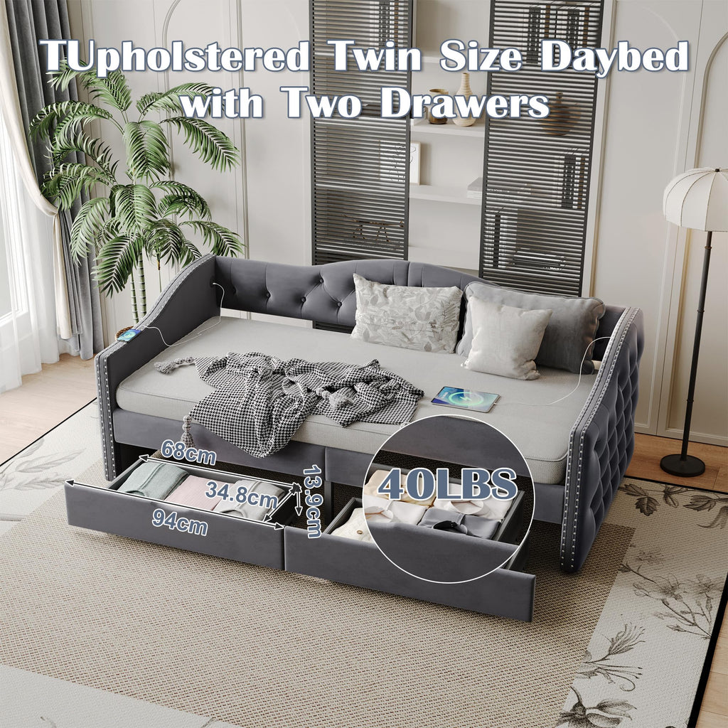 Twin Daybed with Storage, Upholstered Daybed with USB Charger and Two Storage Drawers, Button Tufted Velvet Twin Day