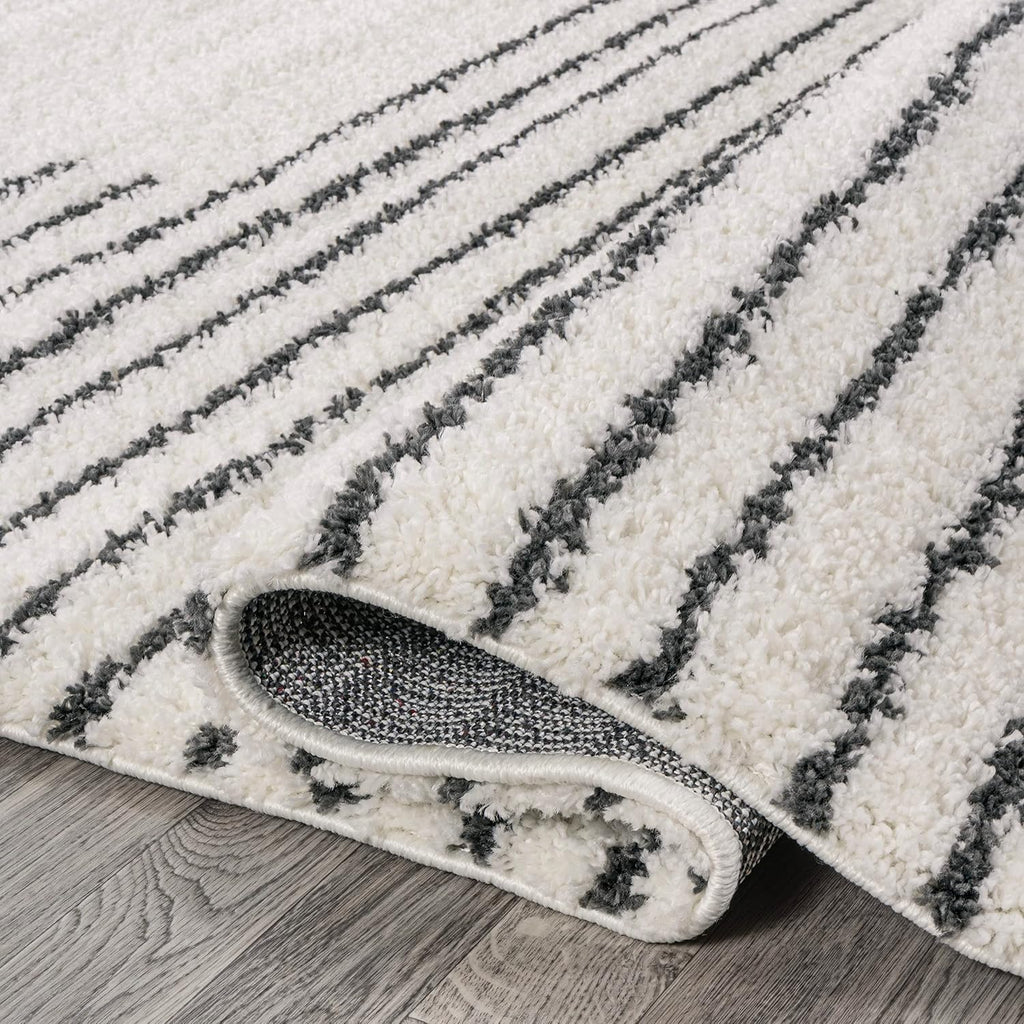 Petra Abstract Stripe Shag White/Gray Indoor Area Rug, Geometric, Bohemian, Contemporary, Easy-Cleaning, Pet