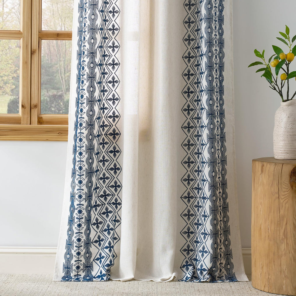 Boho Curtains with Navy Blue Trim 84" Long 2 Panels