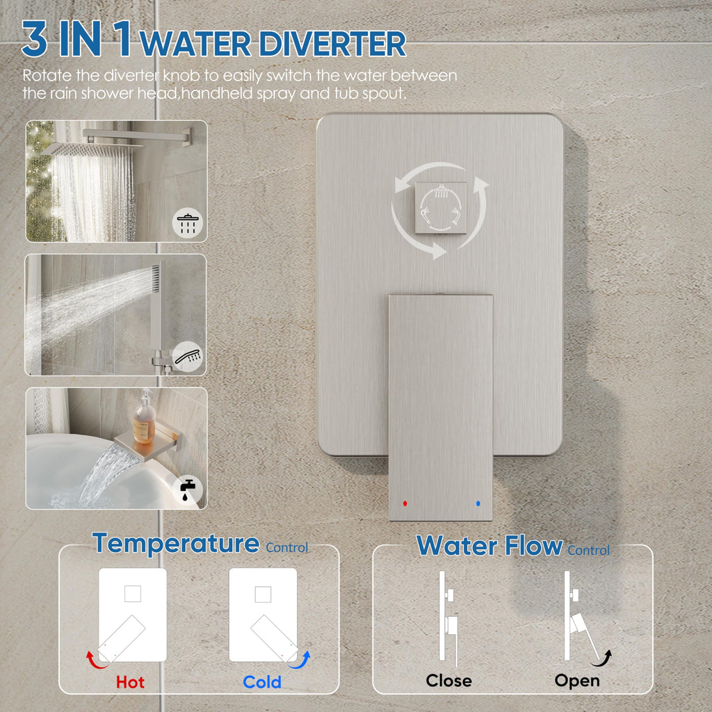 Tub Shower System with 10" Rain Head, Handheld & Valve Kit