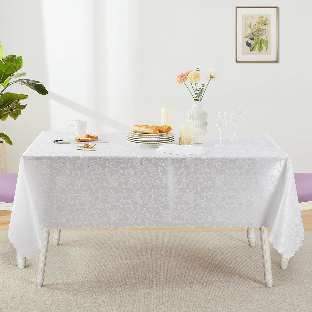 Wave Scroll Damask Jacquard Rectangle White Tablecloth 60" 120", Wipeable Table Cover for Dining Table, Buffet Parties