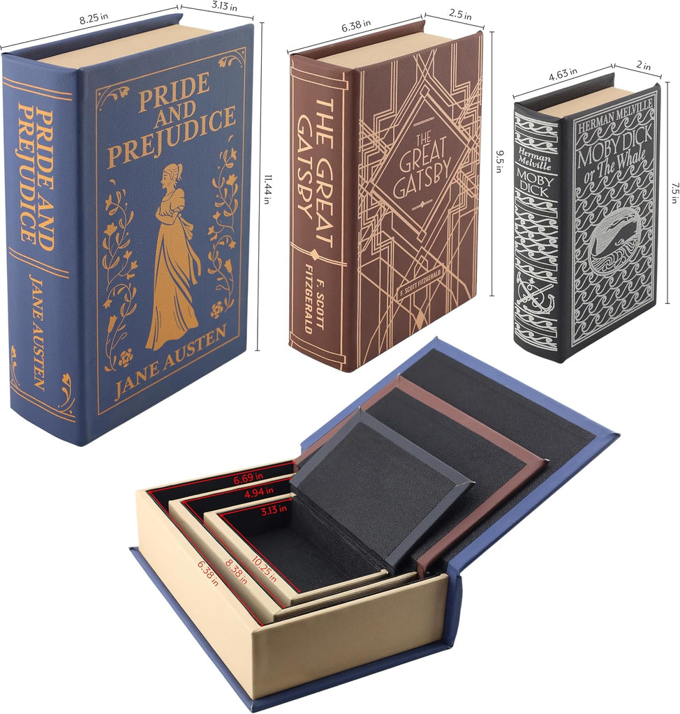 Classic Literature Nesting Hidden Secret Book Set of 3 - Faux Book Decor Storage with Magnetic Closure - Vintage