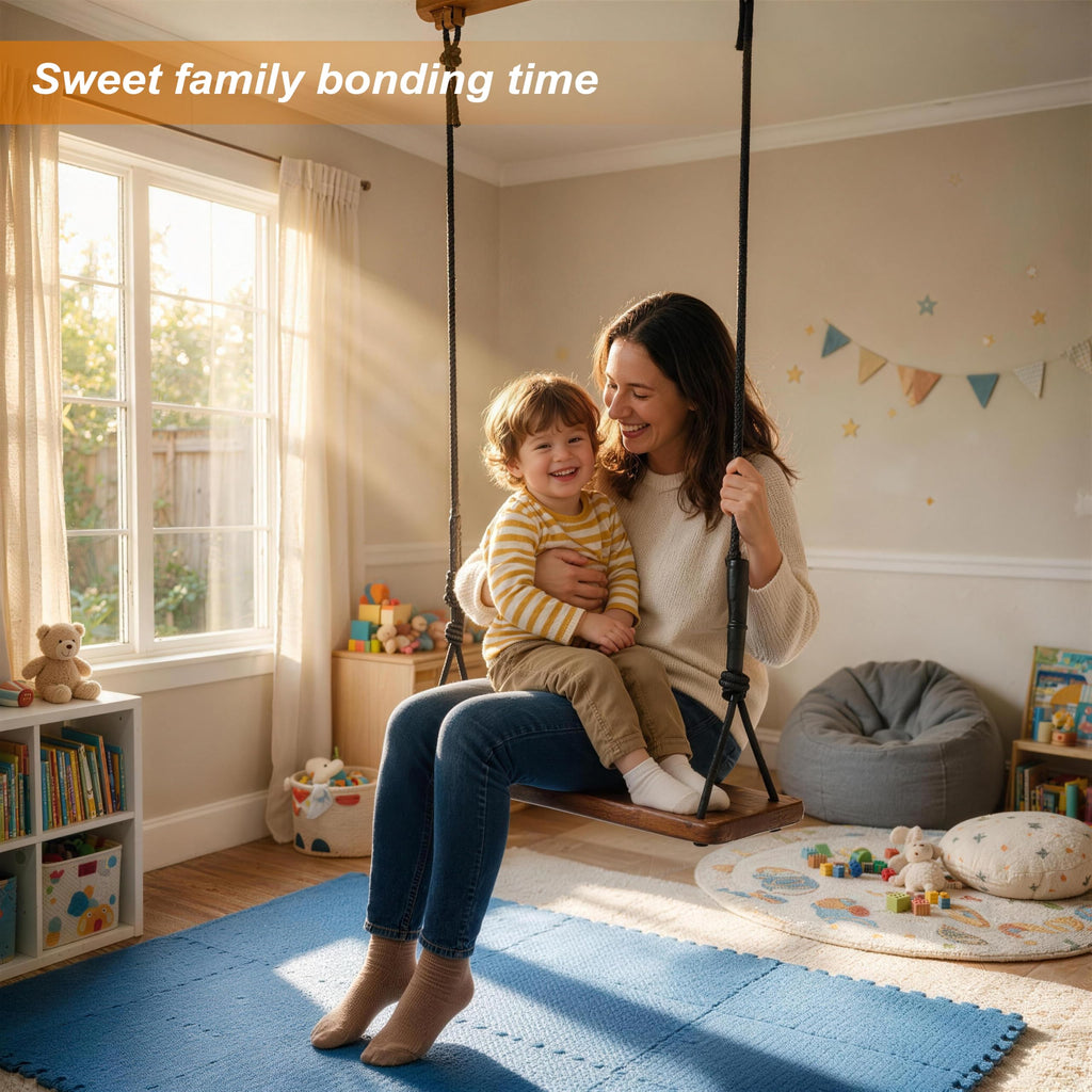 Hanging Wooden Tree Swing with Adjustable Climbing Rope & Tree Straps