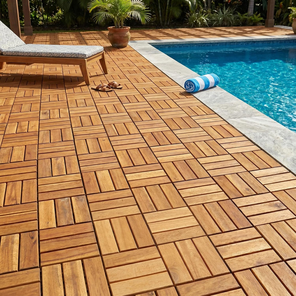 Interlocking Deck Tiles - 12"x12" Indoor & Outdoor Flooring Tiles, Wood Deck Tiles for Balcony & Backyard, Weather & UV