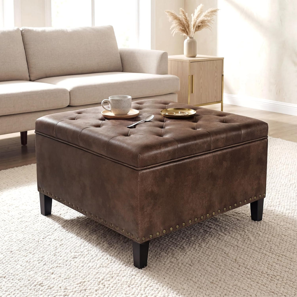 Faux Leather Storage Ottoman Bench, Square Tufted Coffee Table | 29.5" Nailhead Trim Upholstered Ottoman with