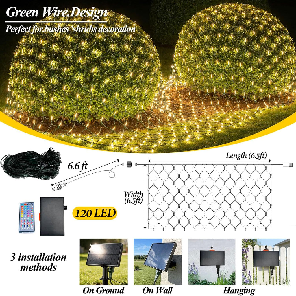 6.5ft x 6.5ft Solar Net Lights, 120LED 34 Colors Changing Christmas Net Lights Solar & USB Powered, Waterproof Mesh