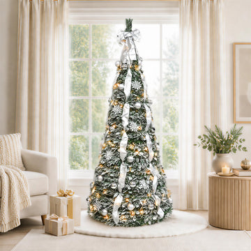 7ft Pop Up Artificial with Lights, Decorated Prelit Collapsible with 200 Warm White Lights, Pull Up White Snow