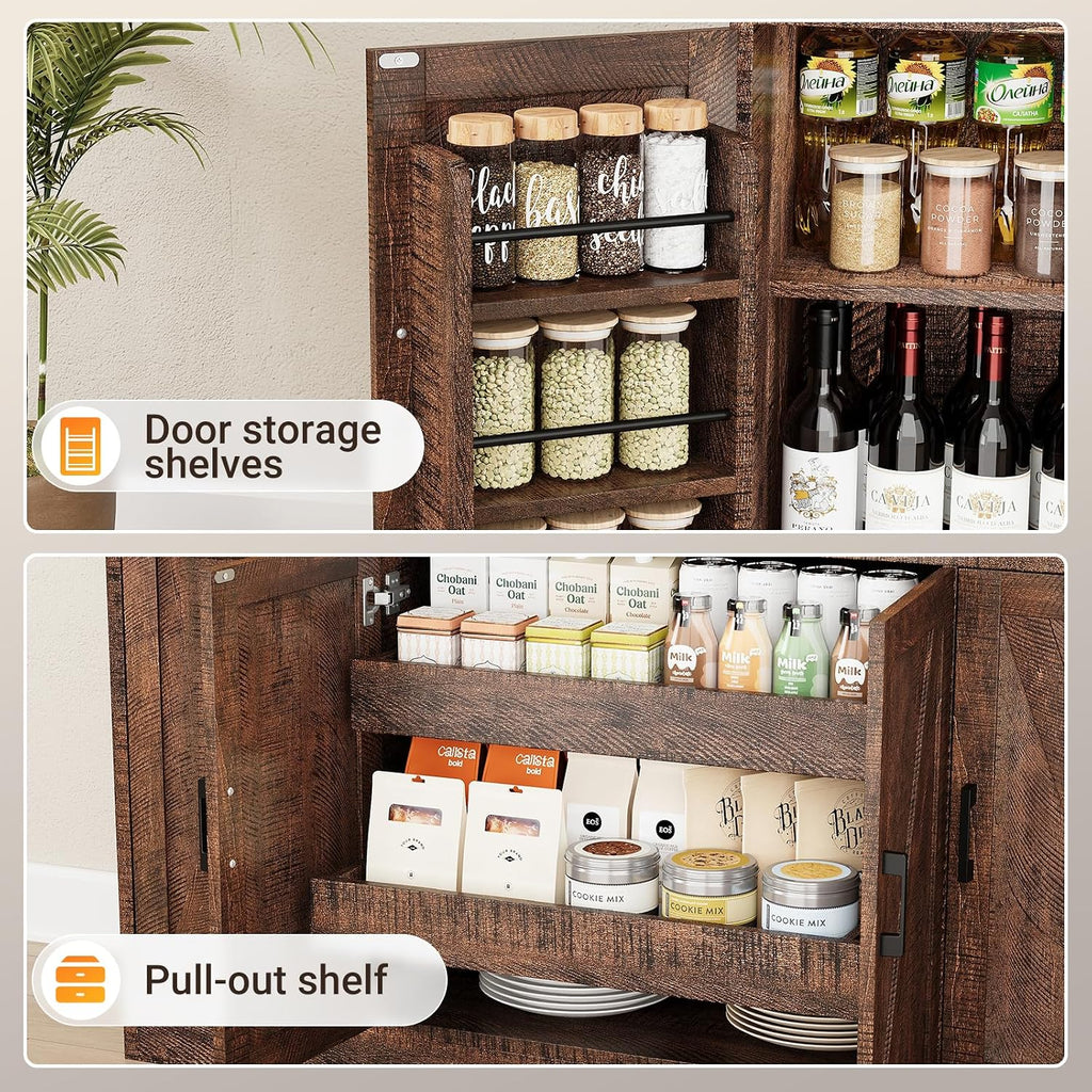 71'' Pantry Cabinet, Kitchen Hutch with Storage, LED & Power, Brown | 2 AC Outlets, 2 USB Ports, 6 Door Shelves, 2