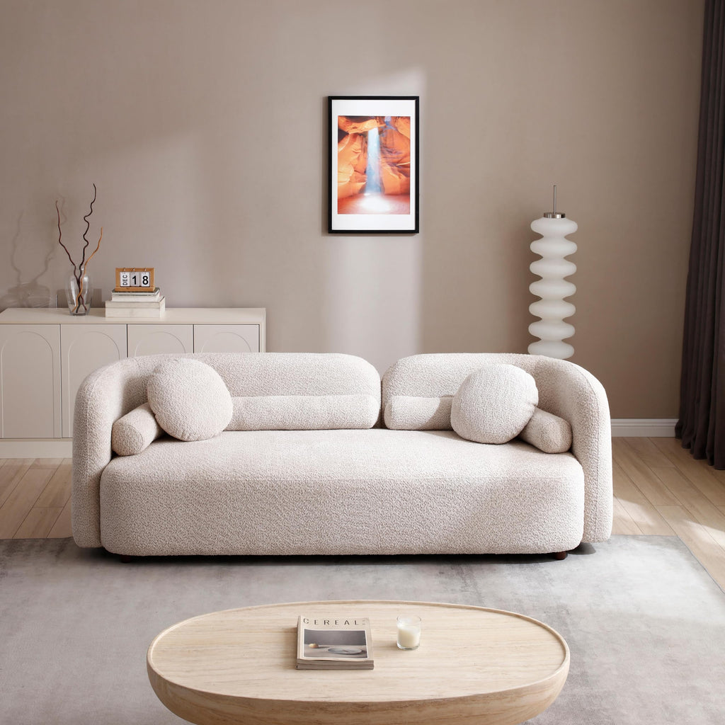 88.58" Curved Sofa Couch, Solid Wood Frame, Pillows, Boucle, 3-Seater Beige