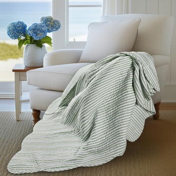 Martha Stripe Sage Quilted Reversible Throw (50x60in) - Stripe Bedding - Sage, White - Cotton Throw - Scalloped Edge