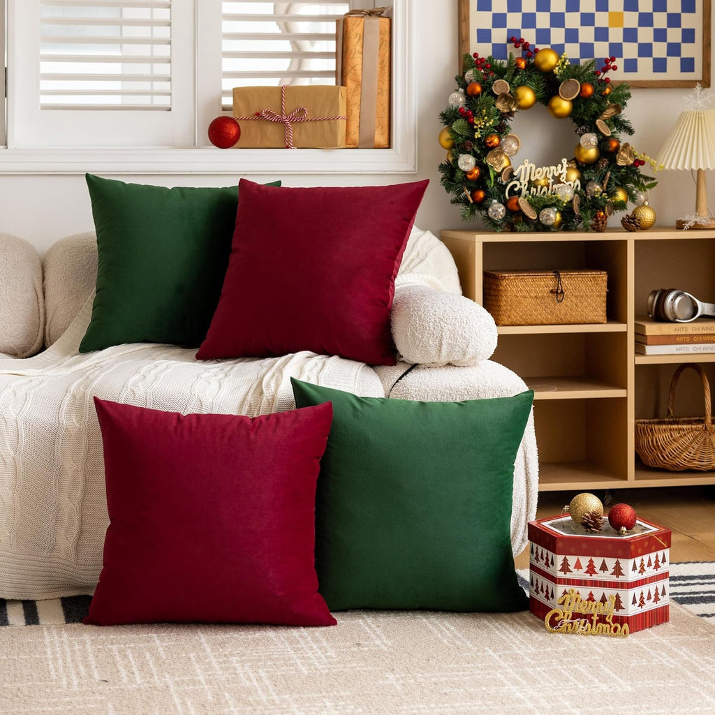 18x18 Velvet Pillow Covers Christmas Green Decorative Square Throw Pillowcase Soft Solid Cushion Covers - Set of 4