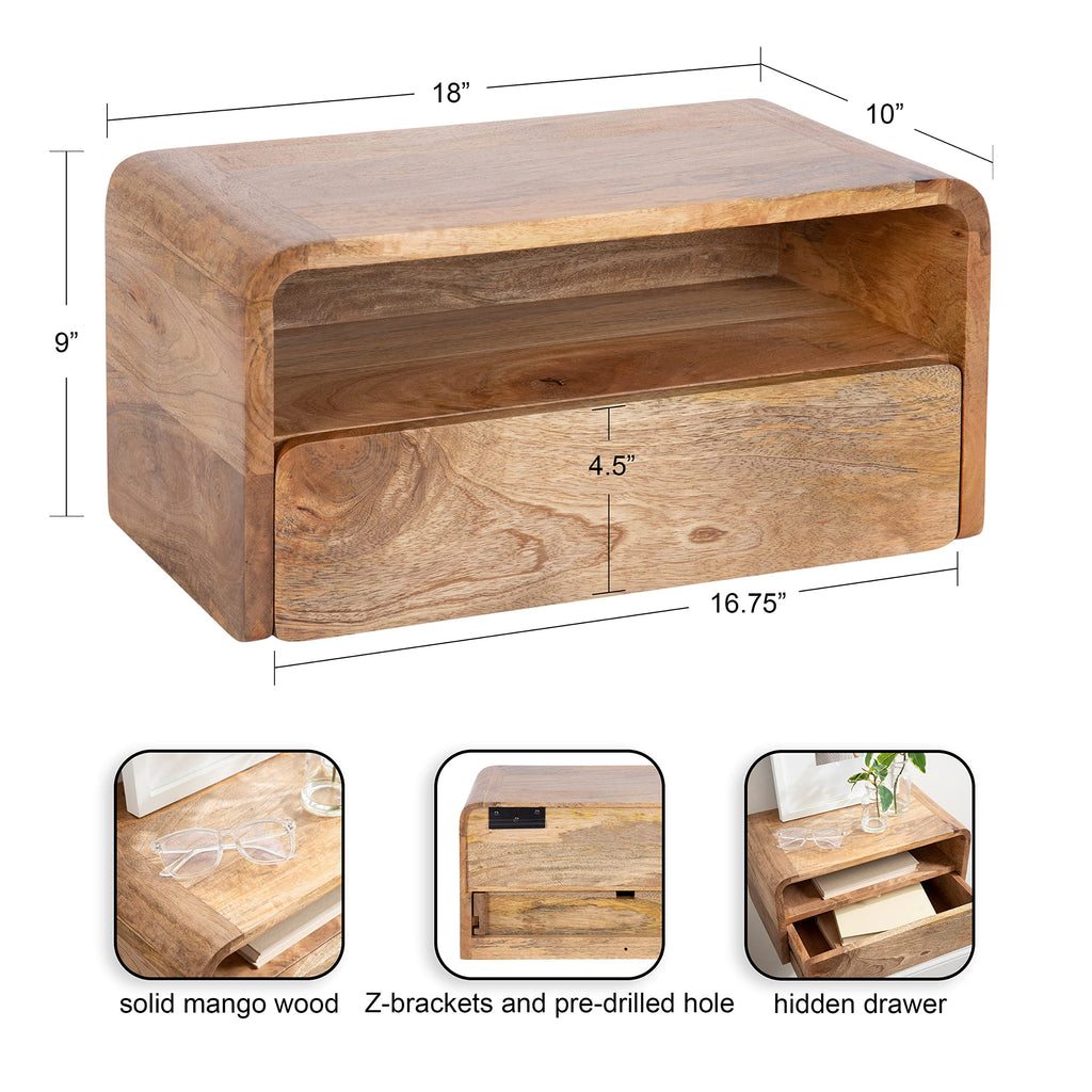 Kato Transitional Wood Floating Side Table with Drawer, 18 x 10 x 9, Natural Brown, Modern Wooden Floating Nightstand