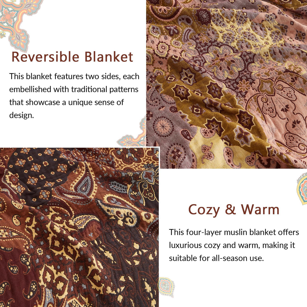 Boho Throw Blanket, 100% Cotton, Woven Paisley Pattern, 60"x80"