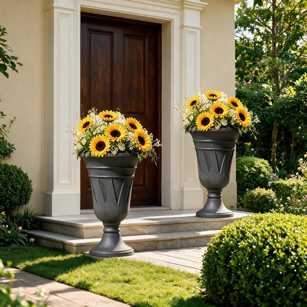 24" Tall Urn Planters for Outdoor Plants Set of 2 - Grey Trophy