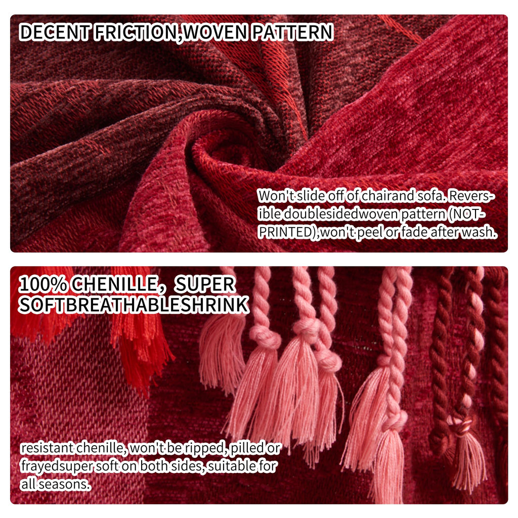 Bohemian Chenille Jacquard Tassel Throws - Reversible Red&Pink Maple Leaf Design for Boho Hippie Vibes - Oversized