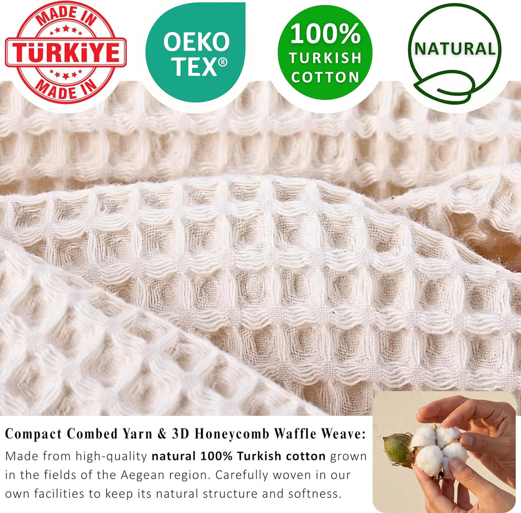 Natural 100% Turkish Cotton Waffle Kitchen and Hand Towels, 3-Piece | Raw-Undyed 32x16" Large Soft Absorbent