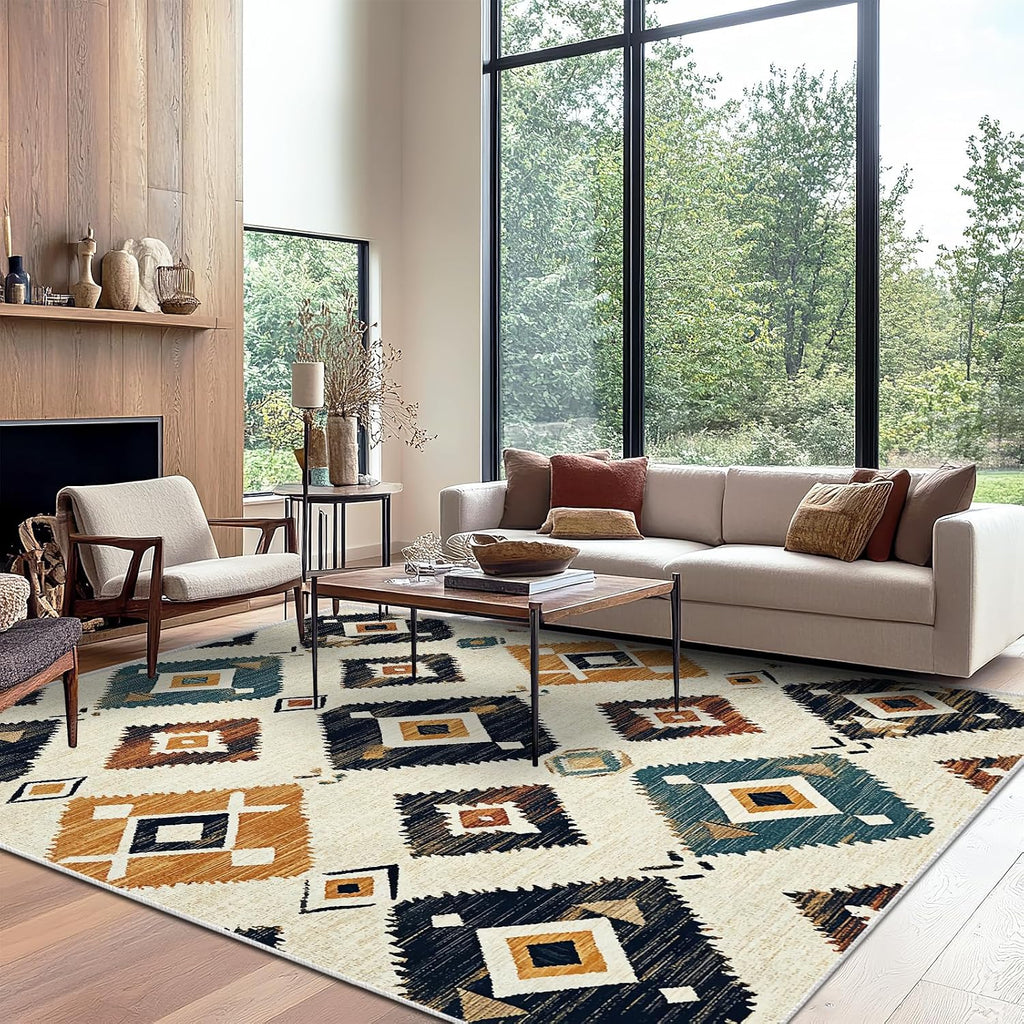 9x12 Western Aztec Rug Southwestern Tribal Navajo Black Beige Tan Area Rug Non Slip Low Pile Thin Large Carpet