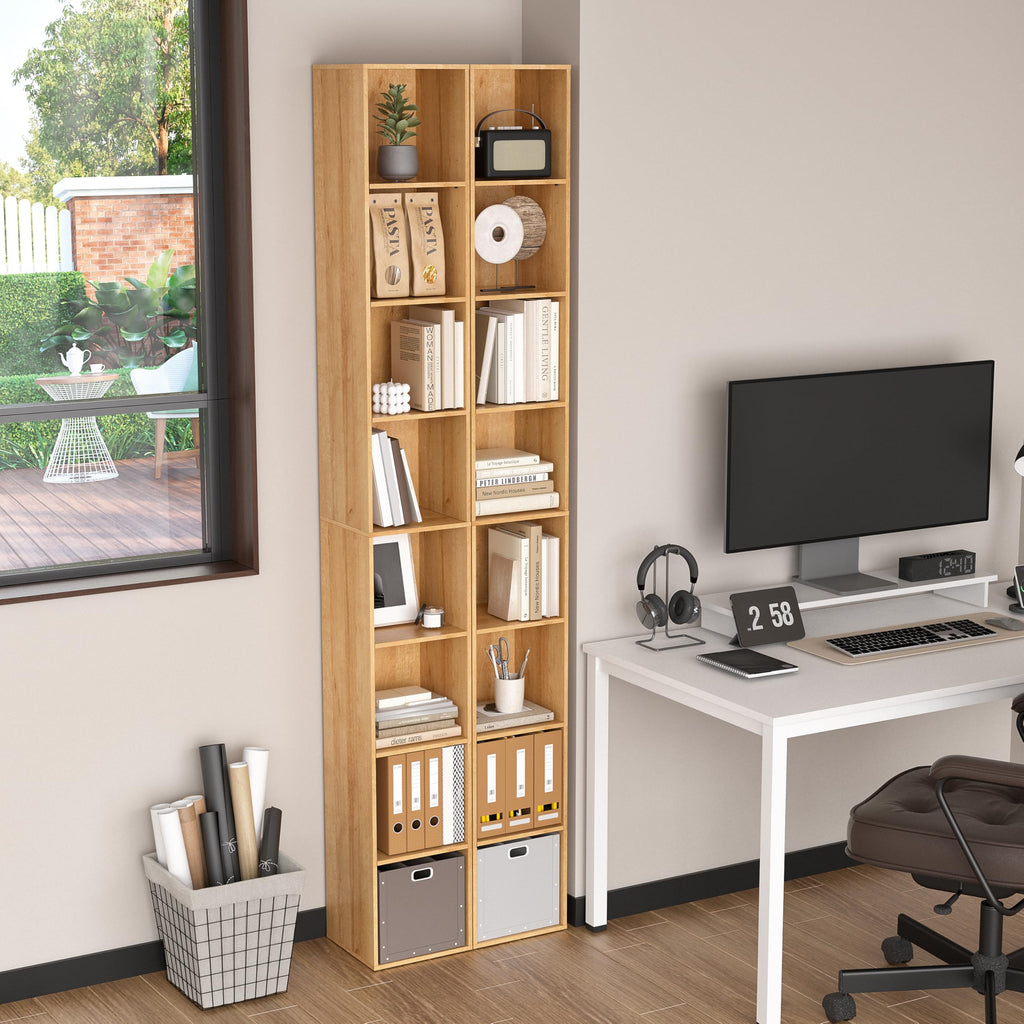 8-Cube Storage Organizer Bookcase, Oak Tall Narrow Bookshelf, Freestanding Open Cubby Storage Shelf, Display Cabinet