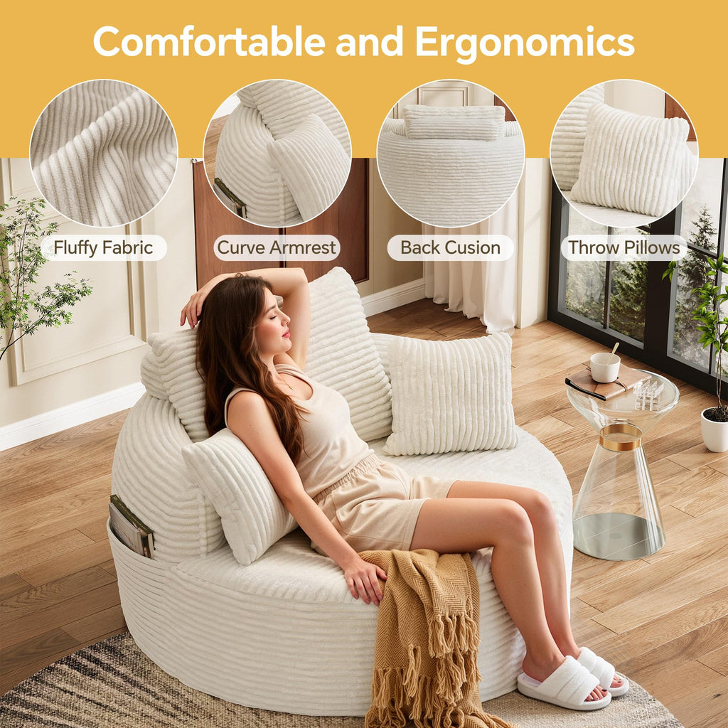 55" Oversized Round Chaise Lounge Chair, Beige White