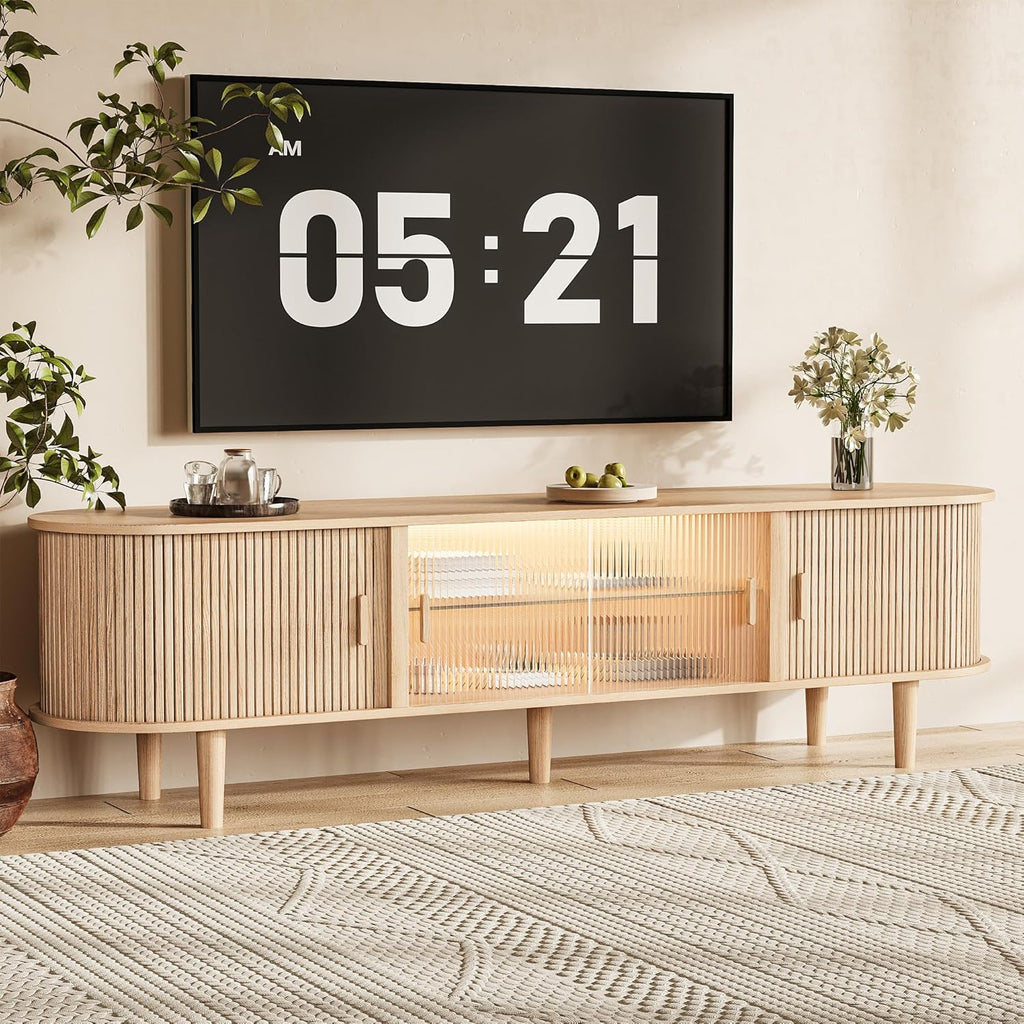 70" Fluted TV Stand with LED Lights for TVs up to 75 Inch, Mid Century Modern Entertainment Center with Sliding Doors
