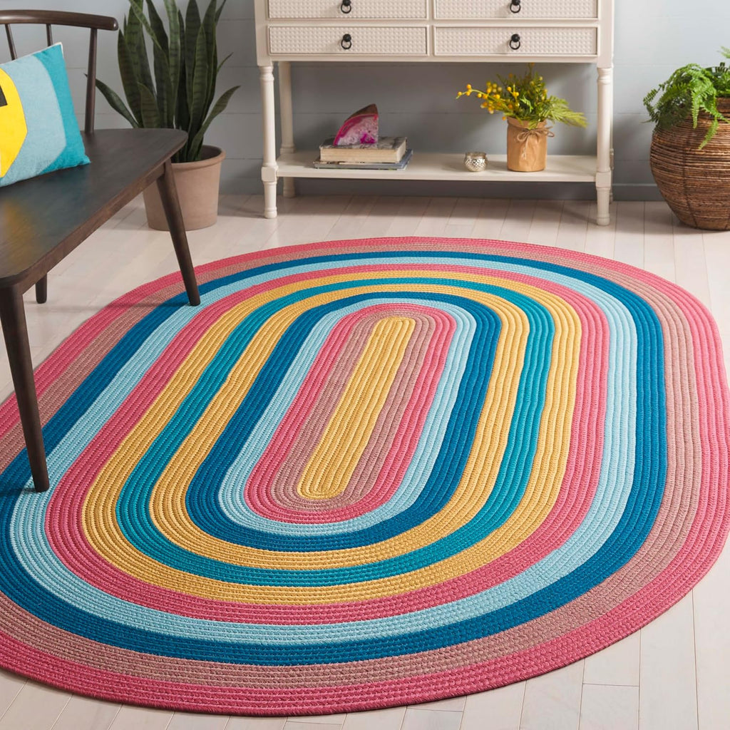Braided Indoor/Outdoor Washable Oval Rug, Pink & Blue BRD327U