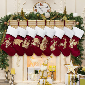 Christmas Stockings 8 Pack for Family 20" Gold Sequins Red Velvet with White Soft Faux Fur Embroidery Classic