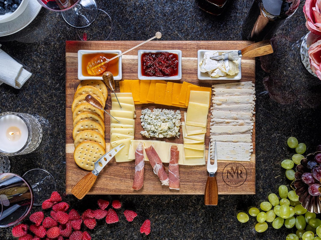 Premium Acacia Wood Charcuterie Board Set with Hidden Drawer, Cheese Board Gift Set, 2 Cheese Knives, Cheese Fork & 5