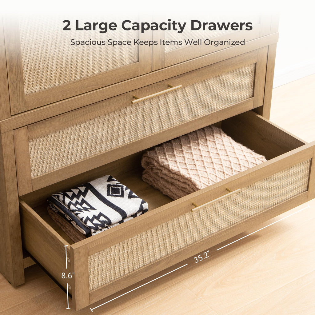 71 inch Armoire Wardrobe Closet, Rattan Boho Wardrobe with Drawers