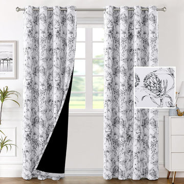 100% Blackout Curtains for Living Room Camellia Floral Blackout Curtains 84 Inches Long Light Blocking Window