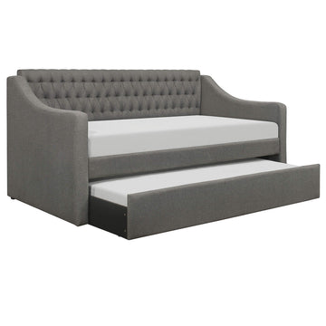 Twin Daybed with Trundle, Button Tufted, Fabric Upholstery, Gray