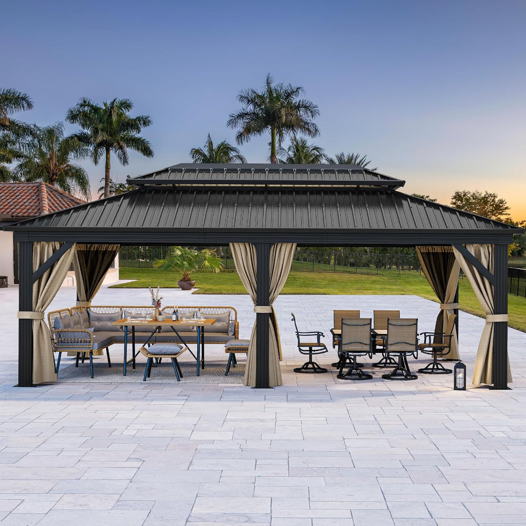 12x20ft Gazebo Hardtop Canopy Heavy Duty Double Roof Outdoor w/Nettings and Curtains