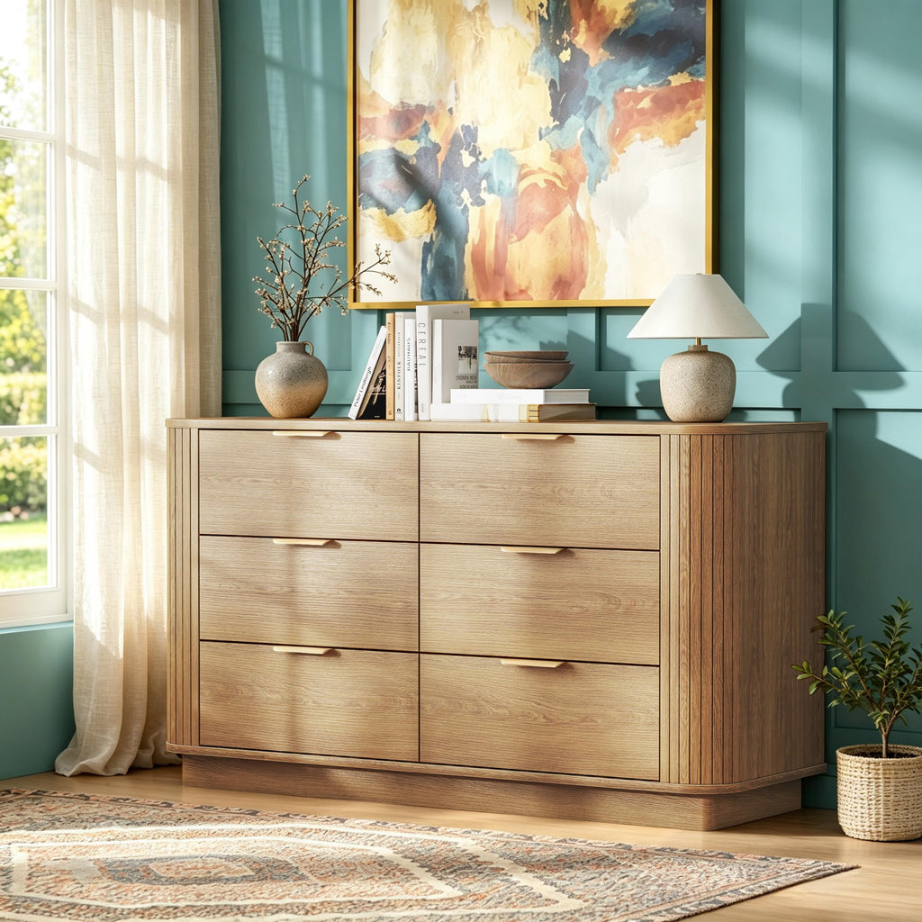 6 Drawer Dresser, 47'' Wide Chest of Drawers, Natural Oak