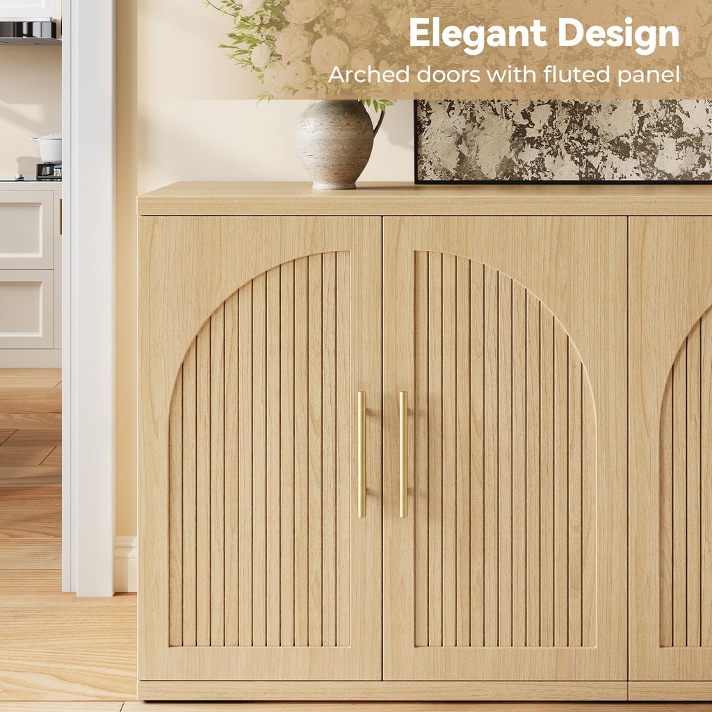 63" Fluted Buffet Cabinet, Oak Credenza with Adjustable Shelf