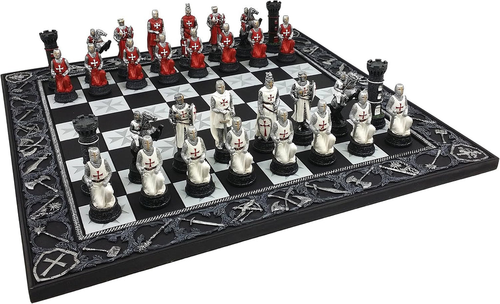 Medieval Times Crusades Red and White Armored Maltese Knights Chess Set with 17" Board