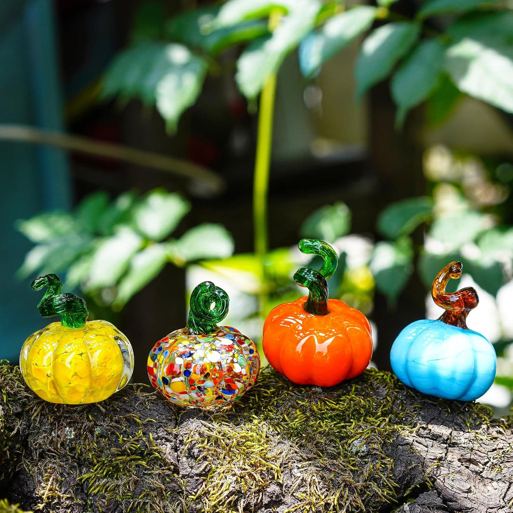 Blown Glass Pumpkin Figurines Fall Thanksgiving Centerpiece Decor - Set of 4