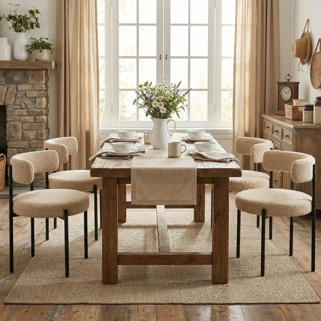 Mid-Century Modern Dining Chairs Set of 4, Boucle, Beige