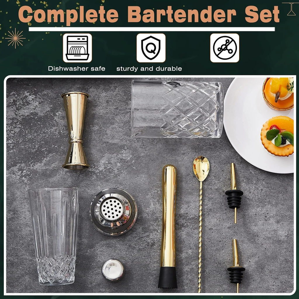 Gold Cocktail Shaker Set, 304 Stainless Steel 14oz Shaker & 24oz Mixing Glass, Jigger, Bar Spoon, Pour Spout - Set of 7