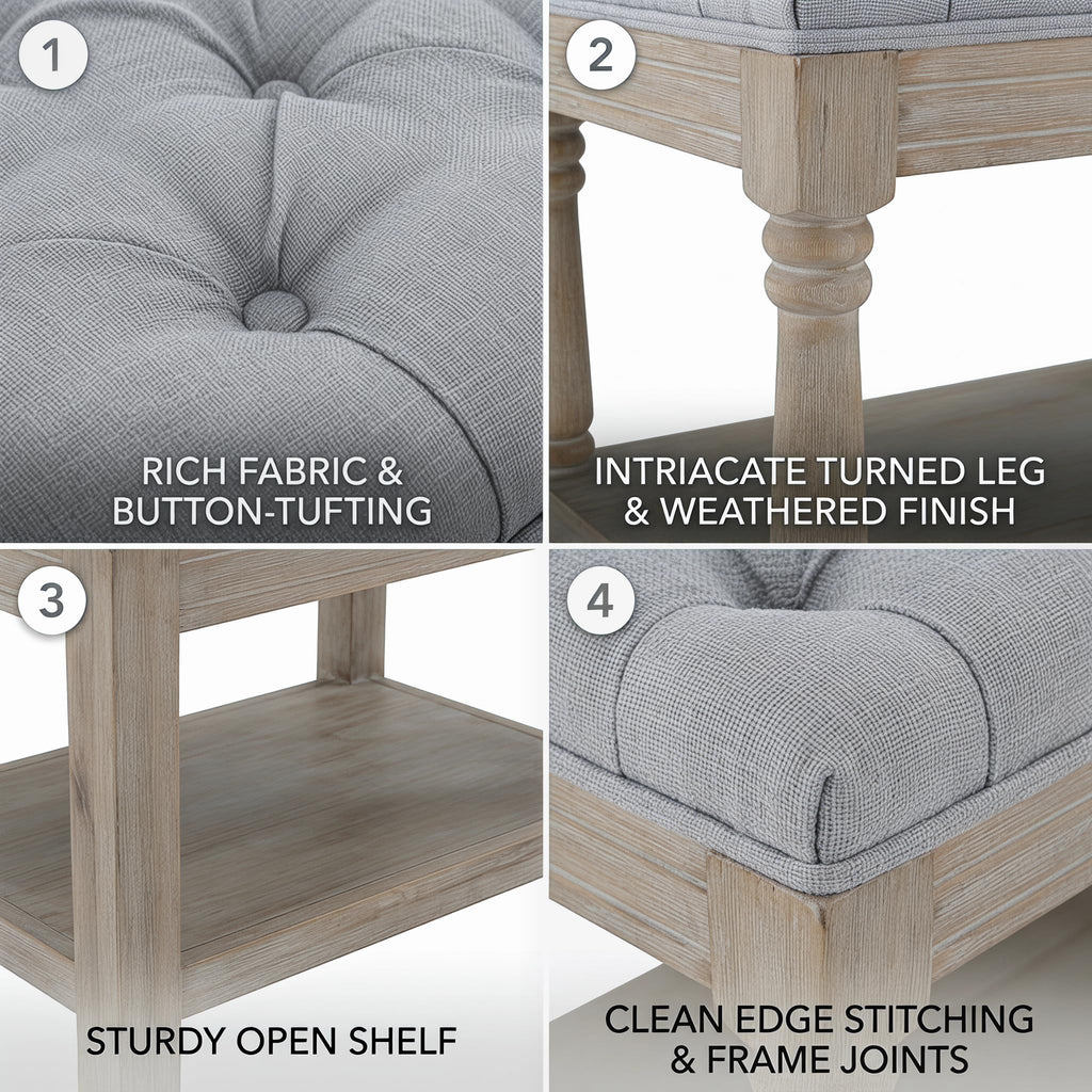 Shoe Rack Bench Storage Vintage Bedroom Padded Bench Seat End of Bed, Fabric Tufted Farmhouse French Entryway Bench