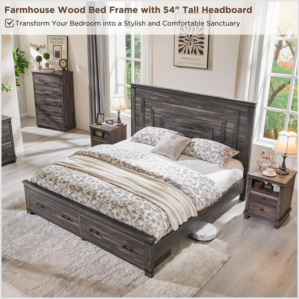 54" Tall Farmhouse Wood Bed Frame with Headboard, Dark Rustic Oak