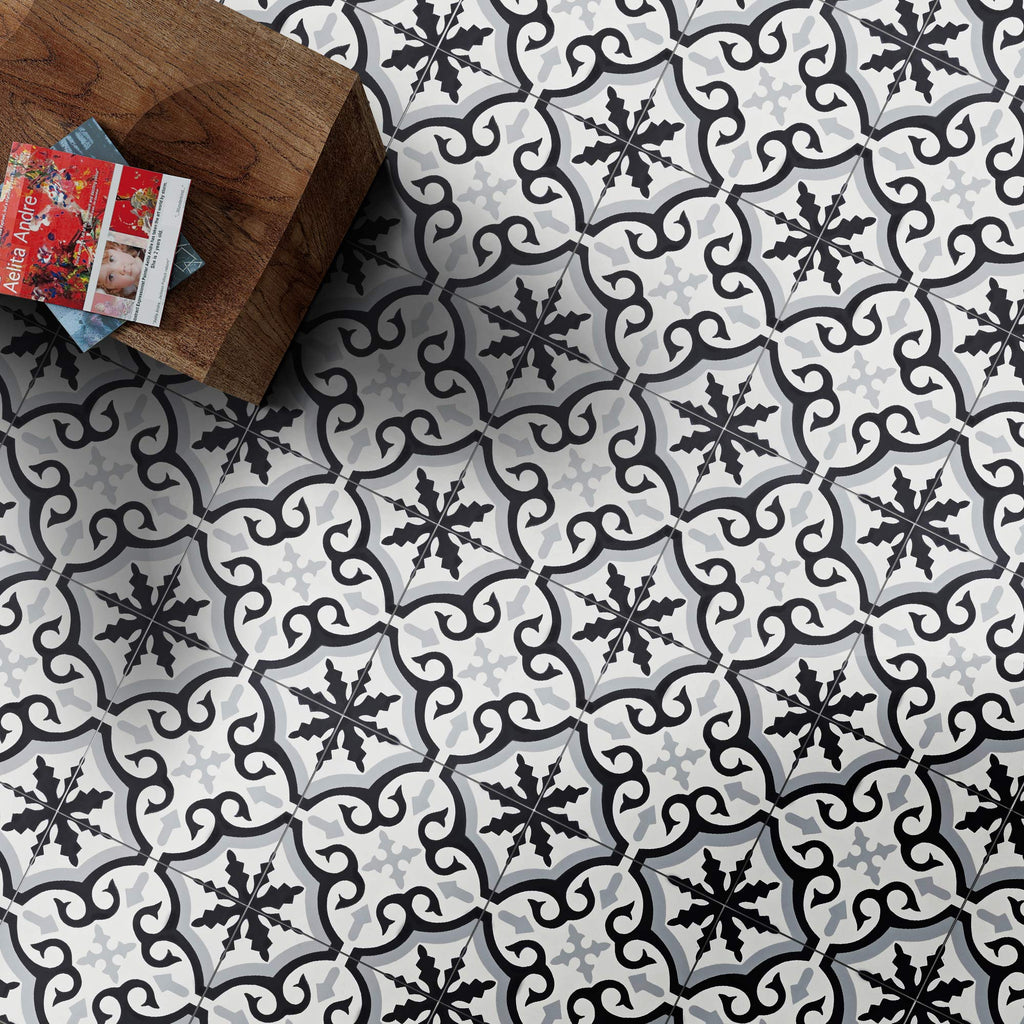 Argana Handmade Cement Tile in Black, Grey, White, 8"x8