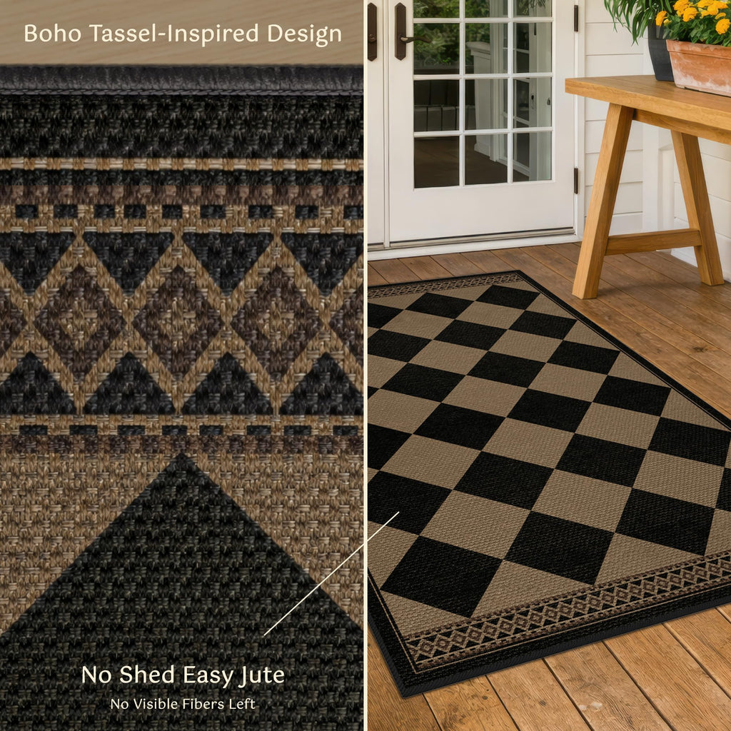 3x4 Checkered Outdoor Rug, Easy Jute Indoor Throw Rug, Diamond Farmhouse Front Porch Rug, Boho Washable Non Slip