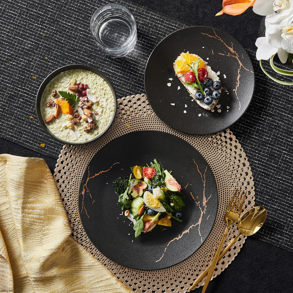 12-Piece Matte Crackle Dinnerware Set, Black and Gold
