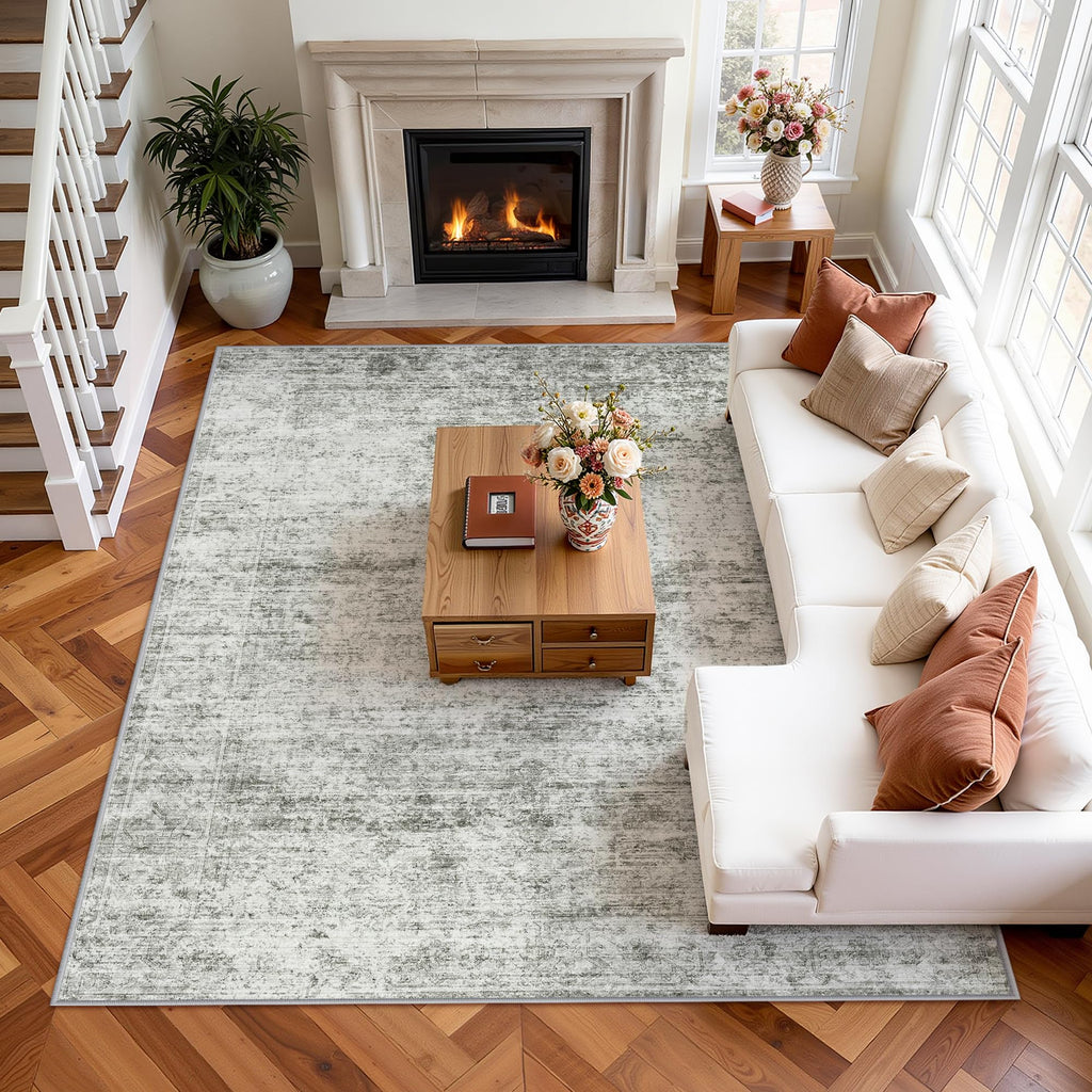 Washable Distressed Area Rug, Neutral Living Room Carpet