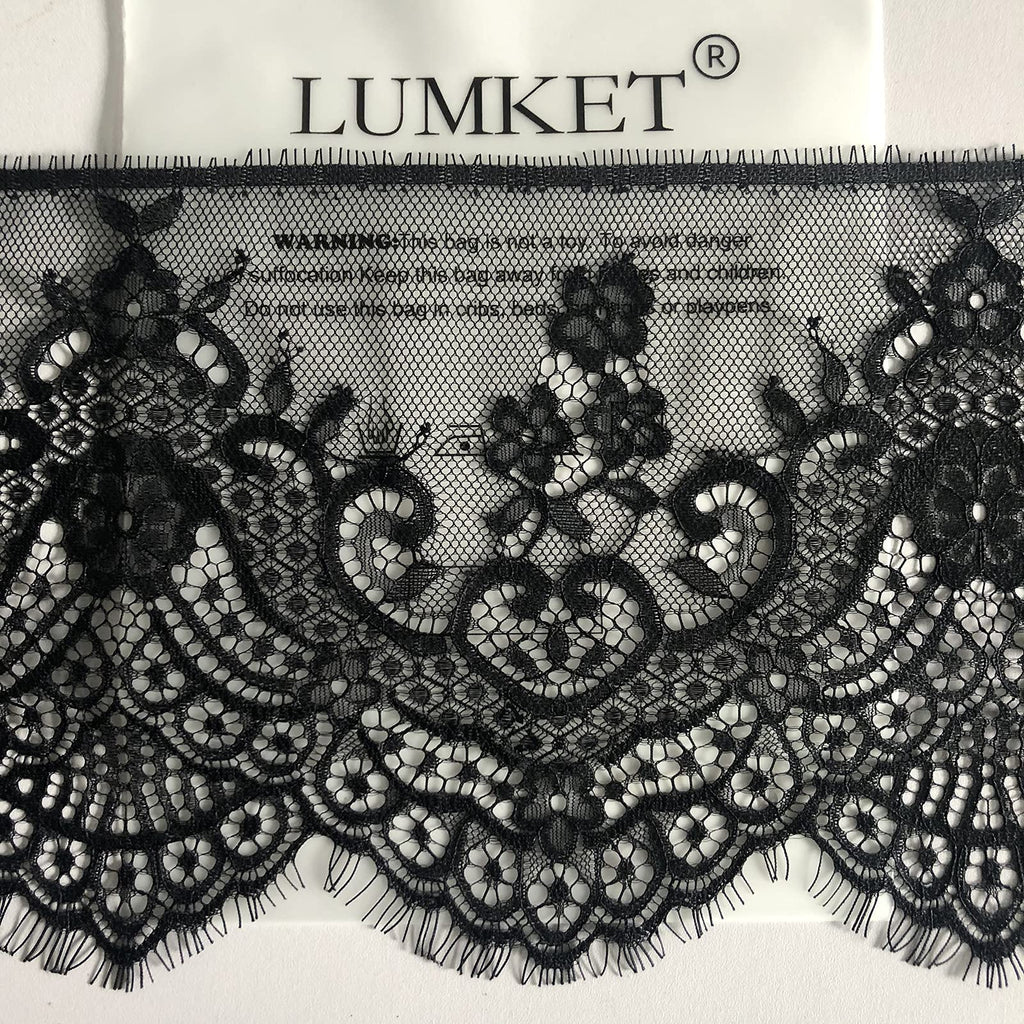 Black Eyelash Lace Fabric with Floral Pattern 7 Inches Wide Lace Trim Ribbon 120 Inches for Sewing, Decorating, Floral