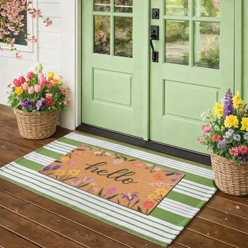 Wildflower Welcome Mat 17" x 29.5" + 27.6" x 43.3" Green White Striped Rug | Two-piece Layered Design Combines
