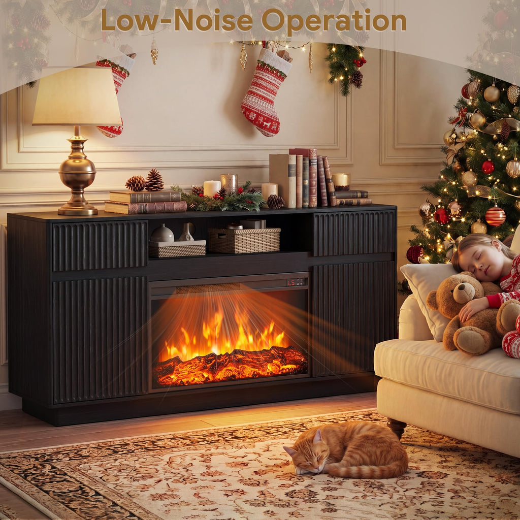 64" Fluted Fireplace TV Stand with 30" Electric Fireplace, Black